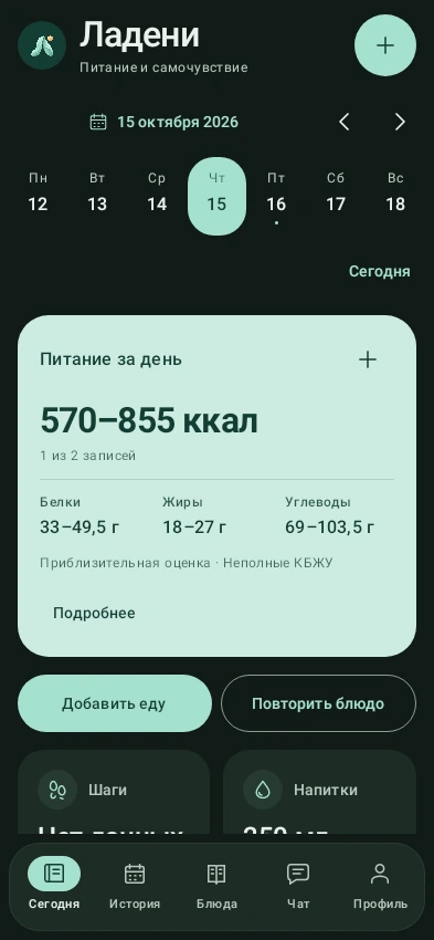 Главный экран Ладени: дата, питание за день, калории, белки, жиры и углеводы